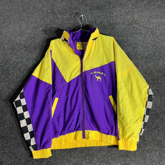 Camel Racing Smokin’ Joe’s Jacket Windbreaker Men’s L Purple Yellow 90s Vintage - Picture 1 of 12